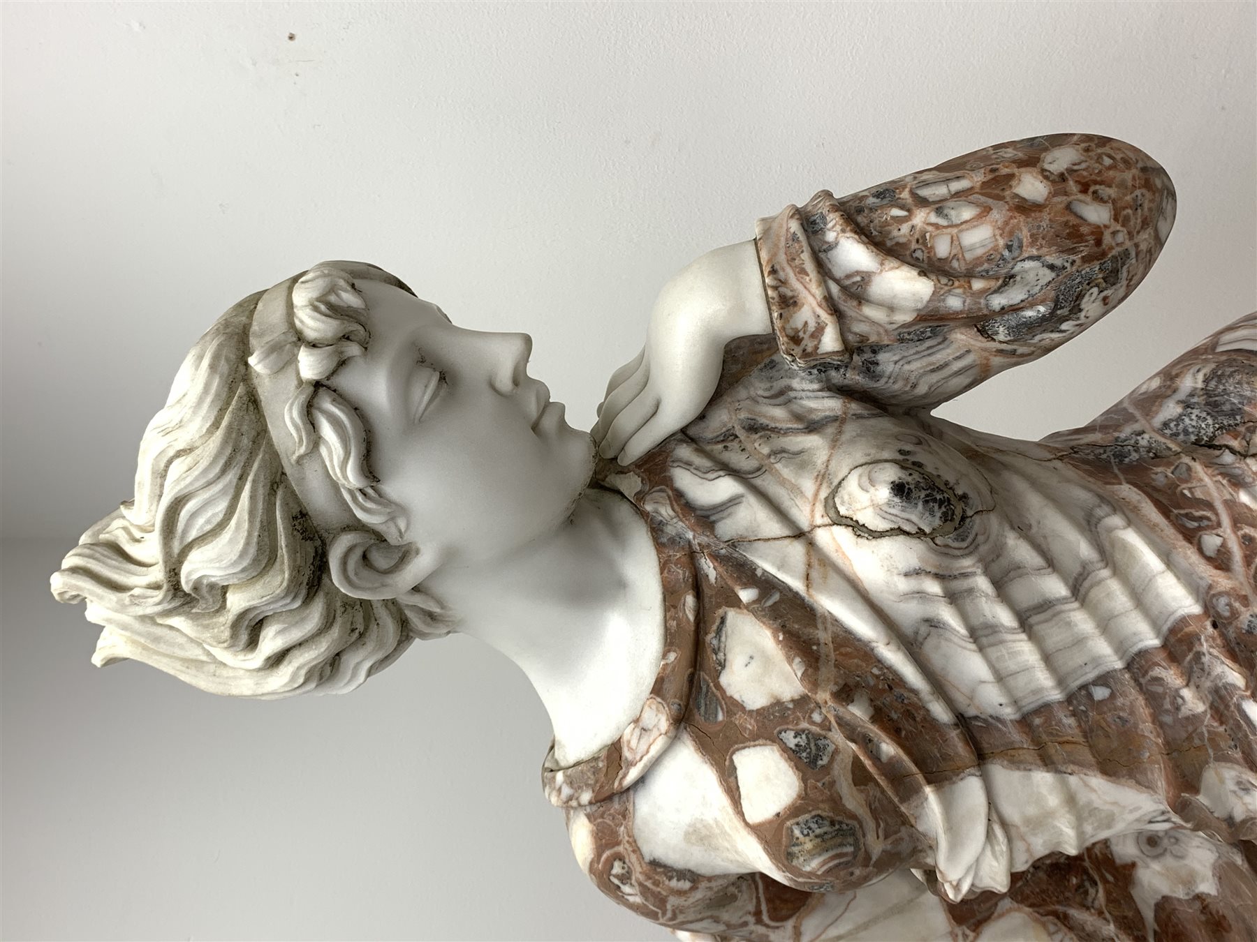 Victorian style rouge and white marble classical statue of woman dancing, on circular stepped moulded plinth base, H185cm