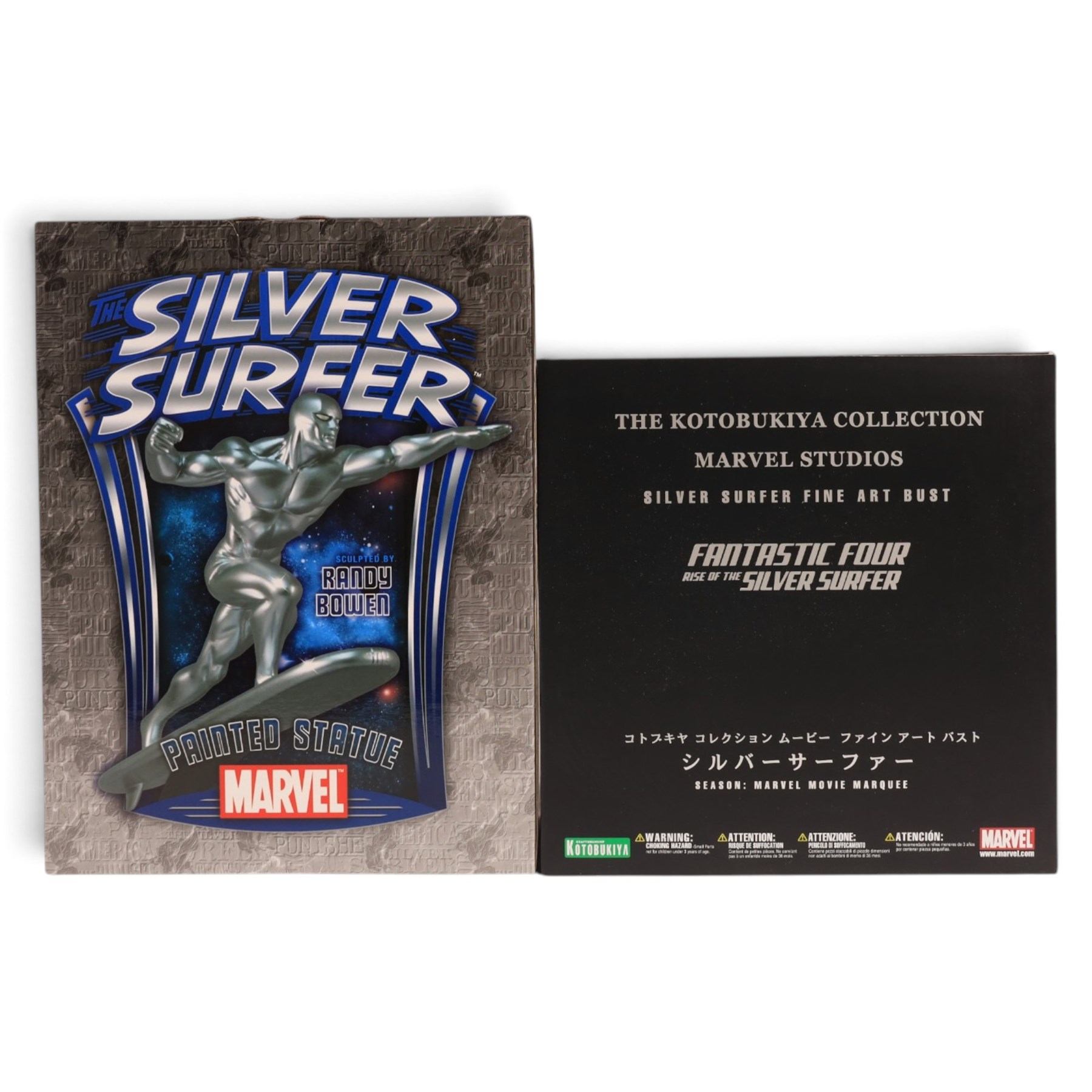 Bowen Designs Silver Surfer painted statue, together with a Kotobukiya Collection Marvel Studios Silver Surfer Fine Art Bust, both boxed
