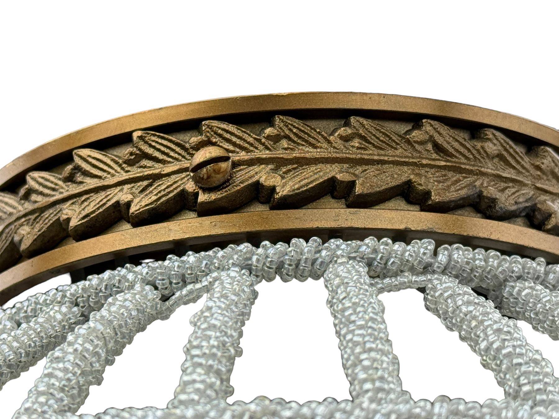 India Jane Interiors - pair of gilt metal and glass spherical ceiling light pendants, decorated with glass beads and pendants, foliage cast metal upper band, mounted by lower finial - ex-display/bankruptcy stock 