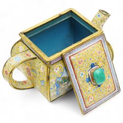 Chinese Qianlong enamel bombé shaped teapot, decorated with scenes of scholars examining a scroll and drinking on a yellow ground with various traditional floral and foliate motifs, the painted scene framed within trailing blue vine border, with Qianlong marks to base L15cm