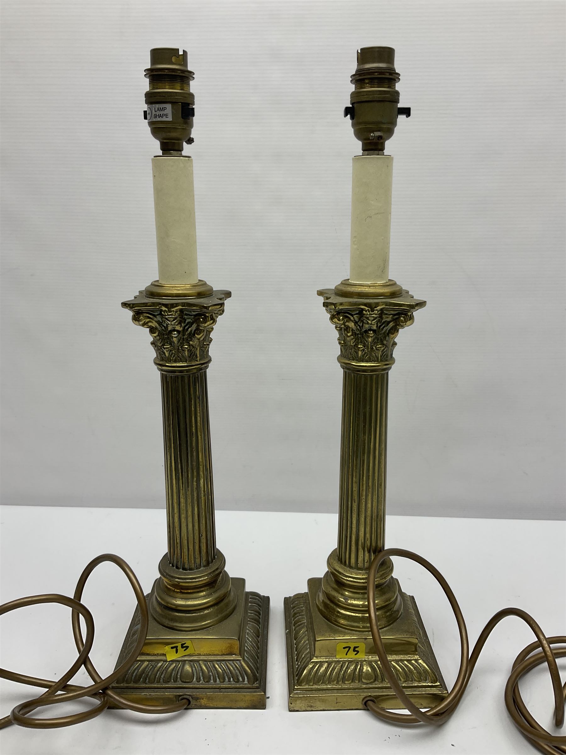 Pair of brass table lamps in the form of fluted Corinthian columns, H46cm
