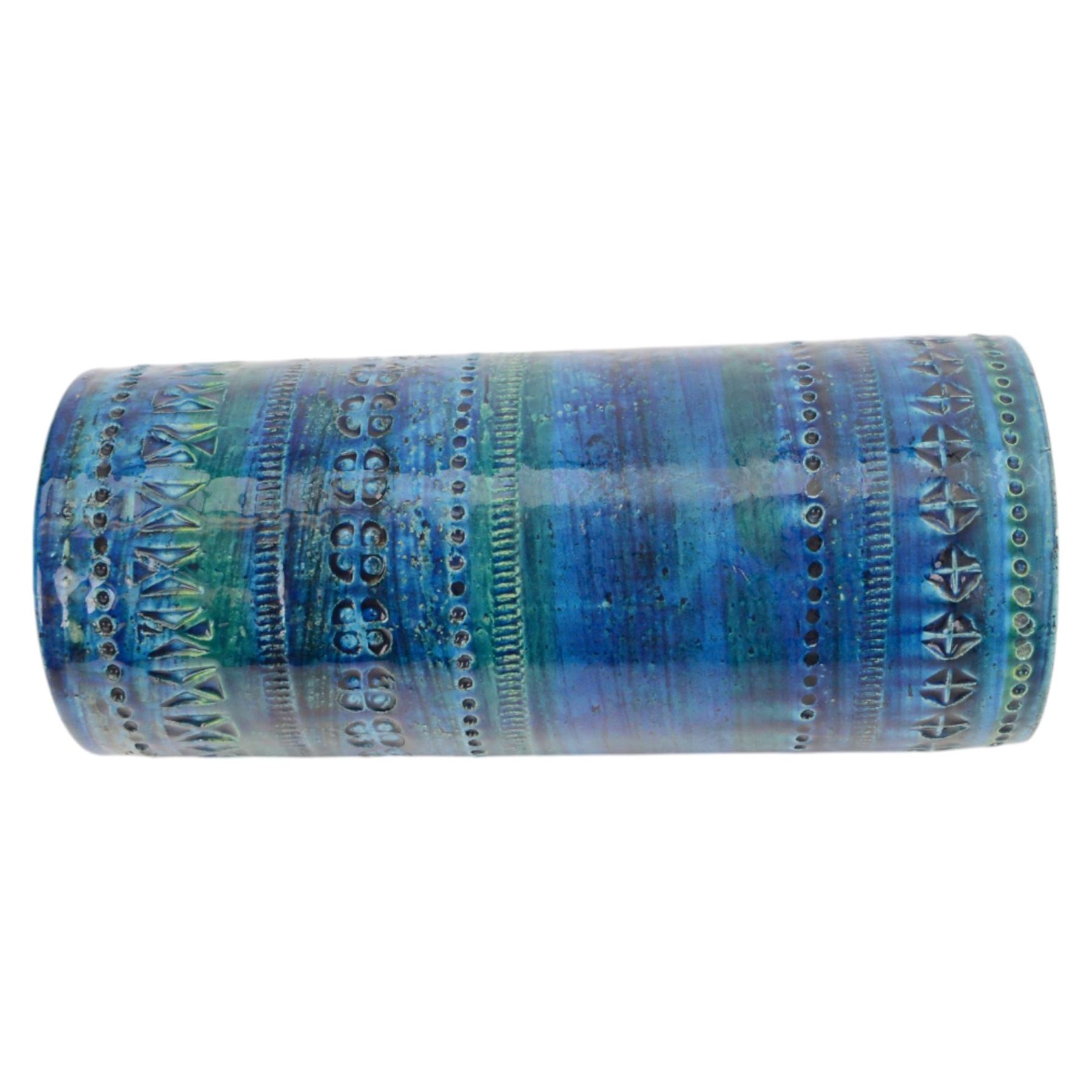 Bitossi pottery Rimini Blu vase, 1970s, designed by Aldo Londi, of cylindrical form, with impressed details, with painted marks beneath, H18cm