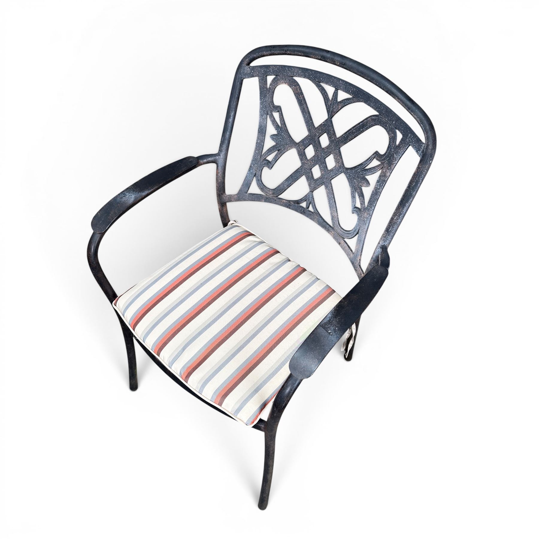 LeisureGrow - cast aluminium circular garden table, lattice design top, black finish; and six matching chairs with openwork back, complete with seat cushions and adjustable parasol