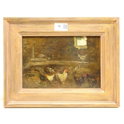  Frederic William Jackson (Staithes Group 1859-1918): 'Among the Hens', oil on panel signed with initials, titled and inscribed verso 15cm x 23cm  