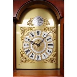  Westminster long case clock with brass Tempus Fugit arched dial, striking the half hours on rods, glazed door with three brass weights, H210cm   