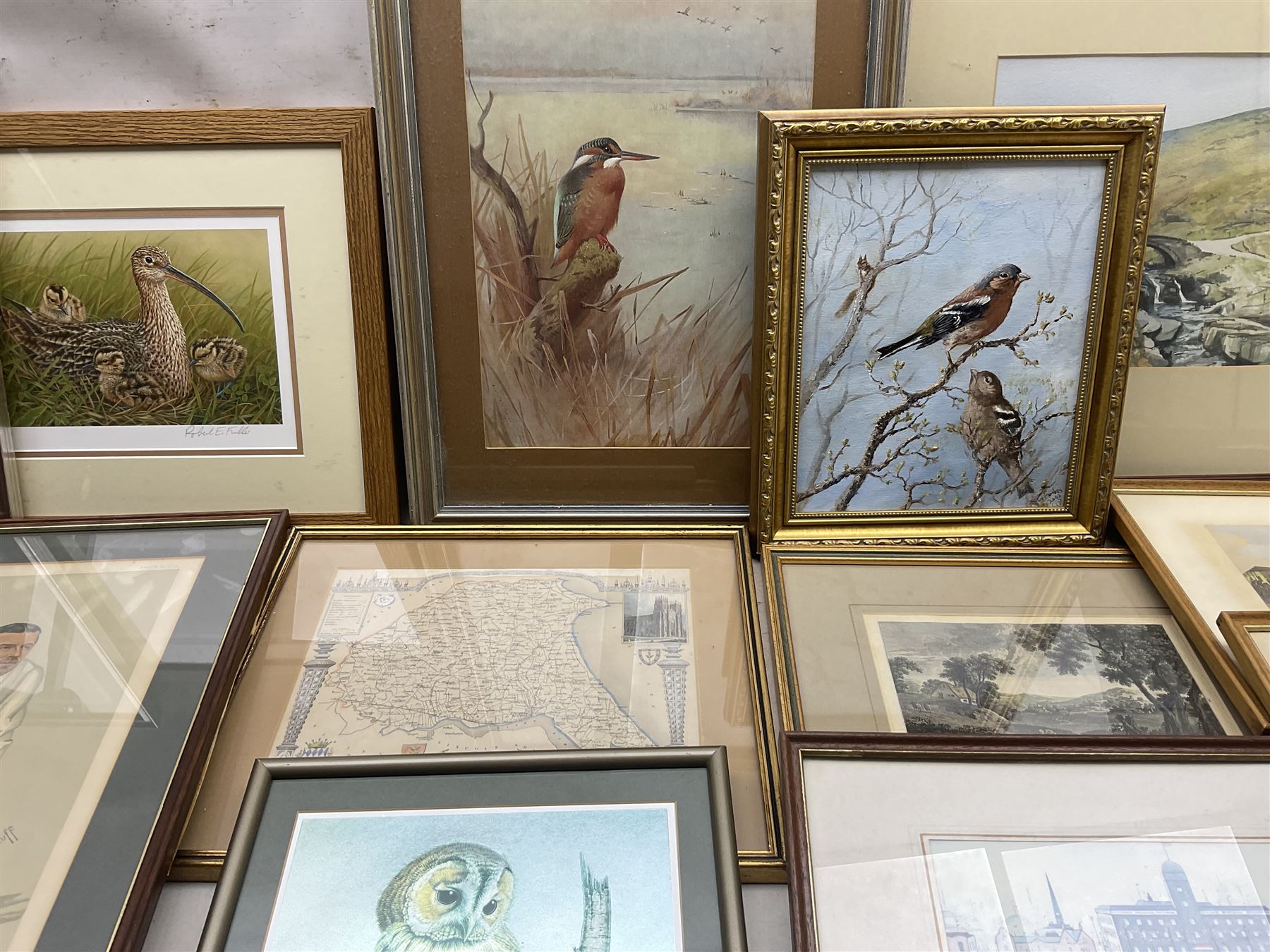 Collection of pictures, prints and maps, including Robert Fuller, W Forbes, Jeff Beaumont etc in one box