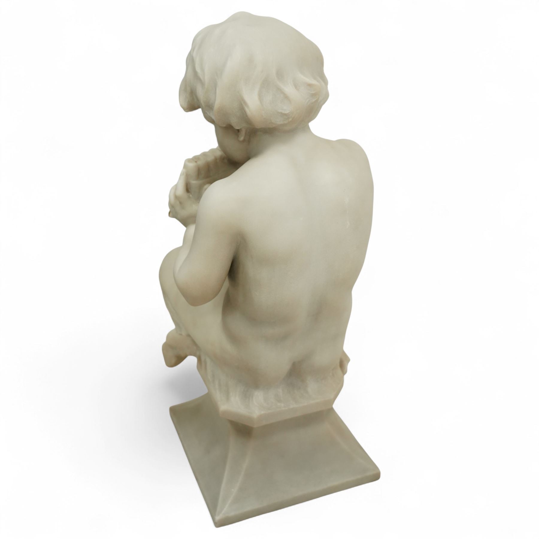 Follower of Claude Michel Clodion (French 1738-1814): The Putti-Faun Orchestra - set of four Italian carved white marble figures of child satyrs as musicians, each finely carved figure depicting a seated putto-faun with youthful features and small goat’s legs and cloven feet, variously playing rustic instruments: a syrinx (Panpipes), a flute, a tambourine and clappers - each raised on an integral waisted square plinth, Italian, circa 1900

Provenance: Kirkham Hall

Notes: Inspired by the rustic god Pan and his followers, these putti-fauns reflect the late-19th-century revival of classical themes popular with Grand Tour collectors; their instruments evoke the god Pan’s pastoral music, while the carving and  composition exemplify the appeal of bacchic subjects in the Italian neoclassical tradition