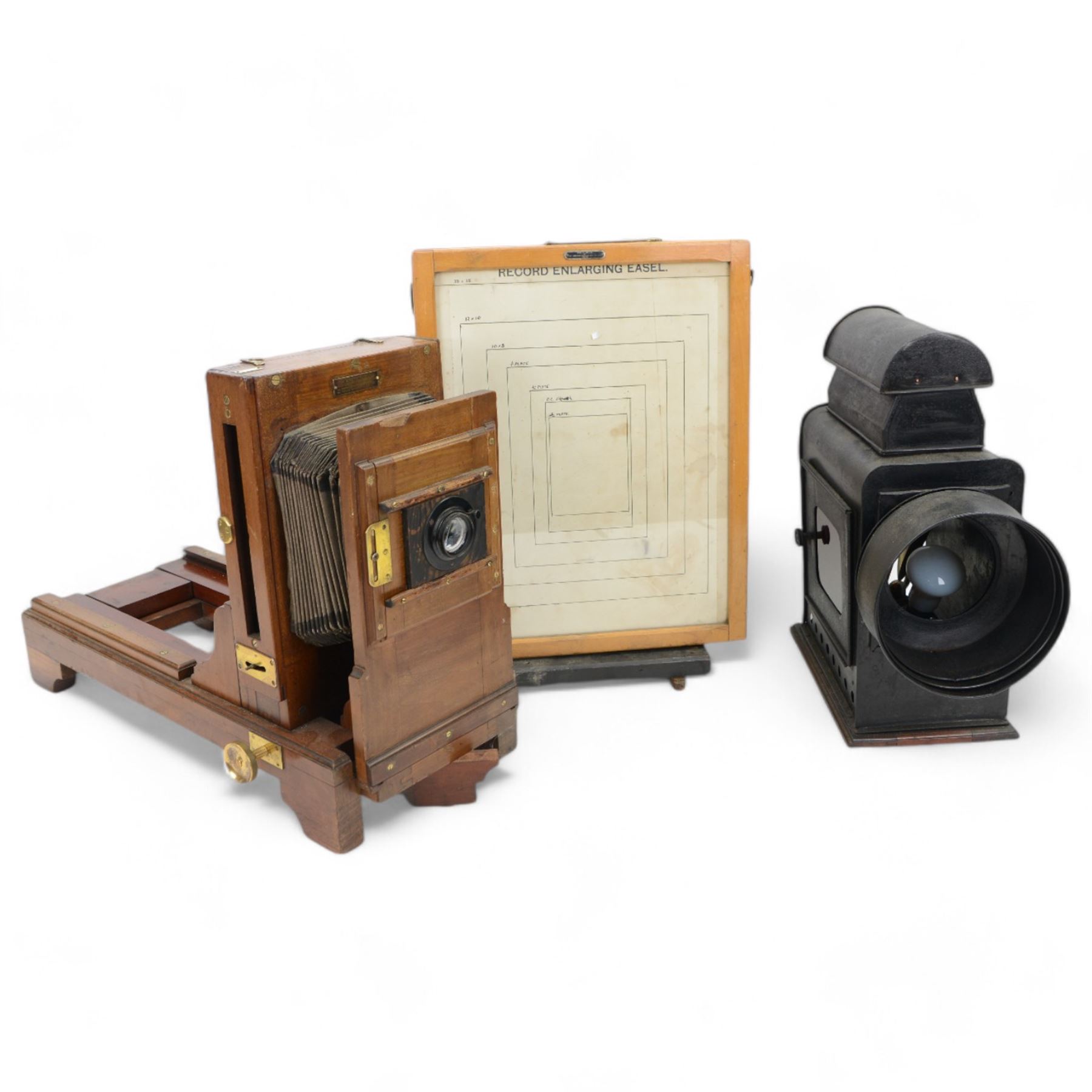 Late Victorian mahogany and tin lantern enlarger, together with a Record Enlarging Easel by The Houghton-Butcher MFC Co. Ltd, London