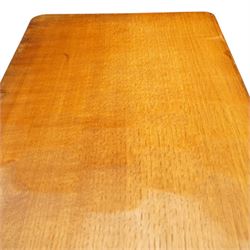 Mouseman - adzed oak rectangular refectory style coffee table, with rectangular adzed top, raised on octagonal supports united by a stretcher, with carved mouse signature, by the workshop of Robert Thompson of Kilburn