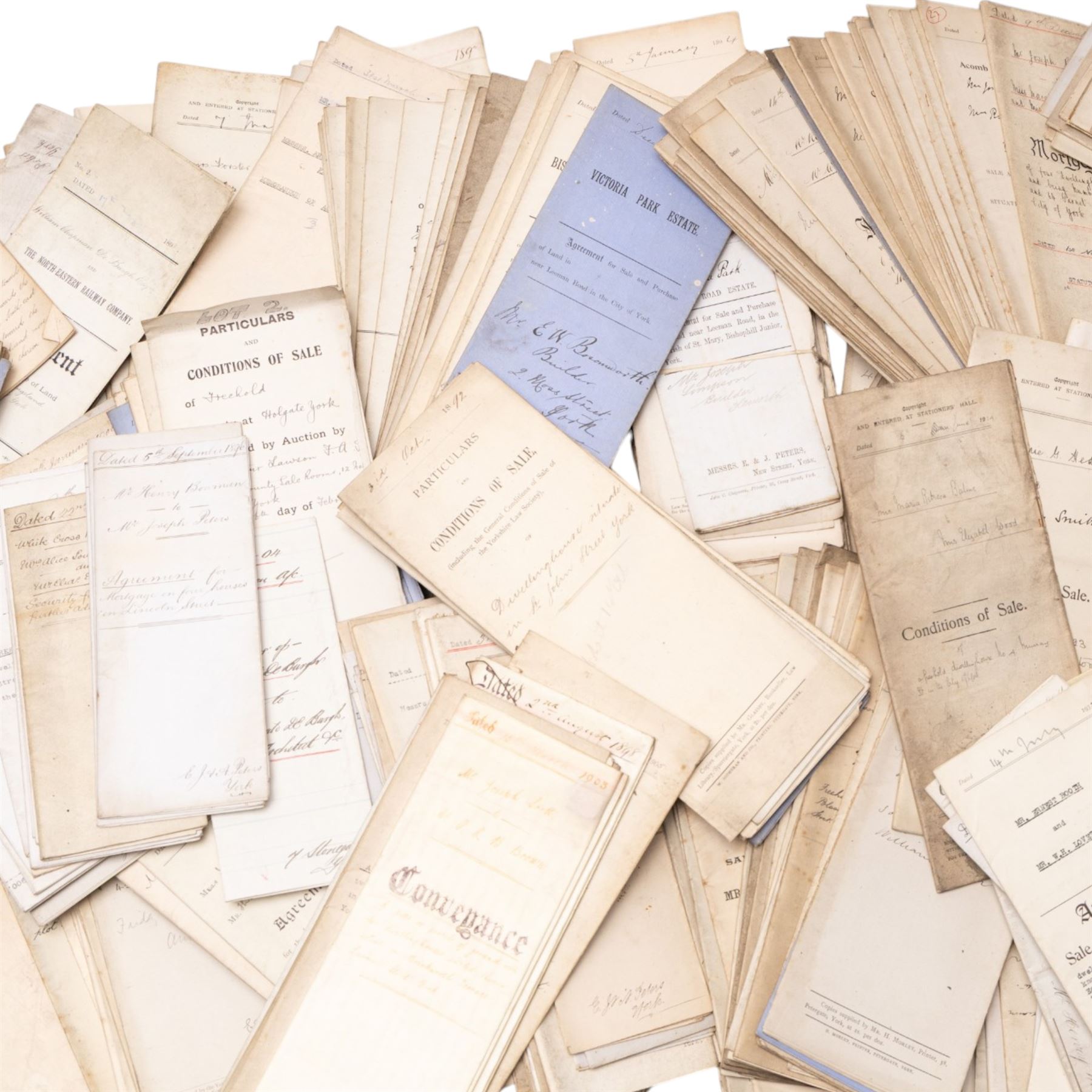 York and Yorkshire legal ephemera - large box of late 19th/early 20th century conveyancing documents, agreements, mortgages, conditions of sale and solicitor’s papers relating to York and surrounding area properties, including Acomb New Estate, Bishopthorpe, Huntington Road, Victoria Avenue, Swinerton Avenue and other addresses, many with York solicitor/printer details