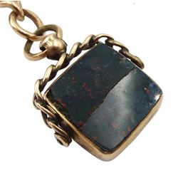 Victorian 9ct rose gold Albert chain, each link stamped 9.375, with 9ct gold bloodstone and carnelian swivel fob