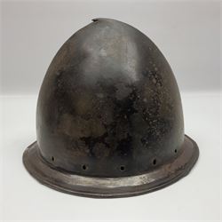 16th century style iron Cabasset pot helmet with notched peak and shallow folded rim pierced for a liner and fittings H20cm