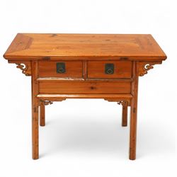Late 20th century, Chinese elm low table, rectangular to over two drawers, decorated with ...