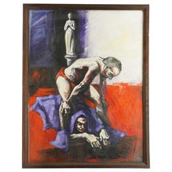 Kathryn Ensall (British 1956-): 'Hiding I', oil on canvas signed and dated 1995 verso 116cm x 88cm