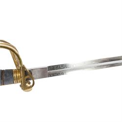 British 1822 pattern, named, infantry officers' sword, the 82cm slightly curved and fullered single edged blade engraved on both sides, bears the Victorian coat of arms and the owners initials 'GB', ricasso marked Grindlay & Co London, the brass basket guard with Victoria cartouche and fold down rear flap, shagreen bound grip with original wire binding and gilt sword knit, with brass scabbard, twin suspension rings and steel chape mount, overall L102cm  