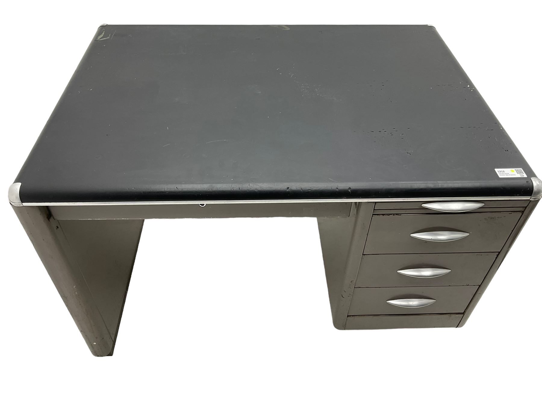 Sankey Sheldon - mid-20th century industrial metal desk, rectangular top over single pedestal fitted with three drawers and slide
