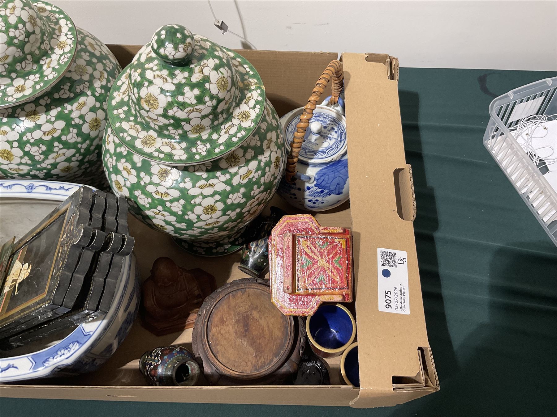 Collection of Asian items, including a pair of Prunus vases, a  blue and white teapot, lacquered screen with Mughal paintings etc