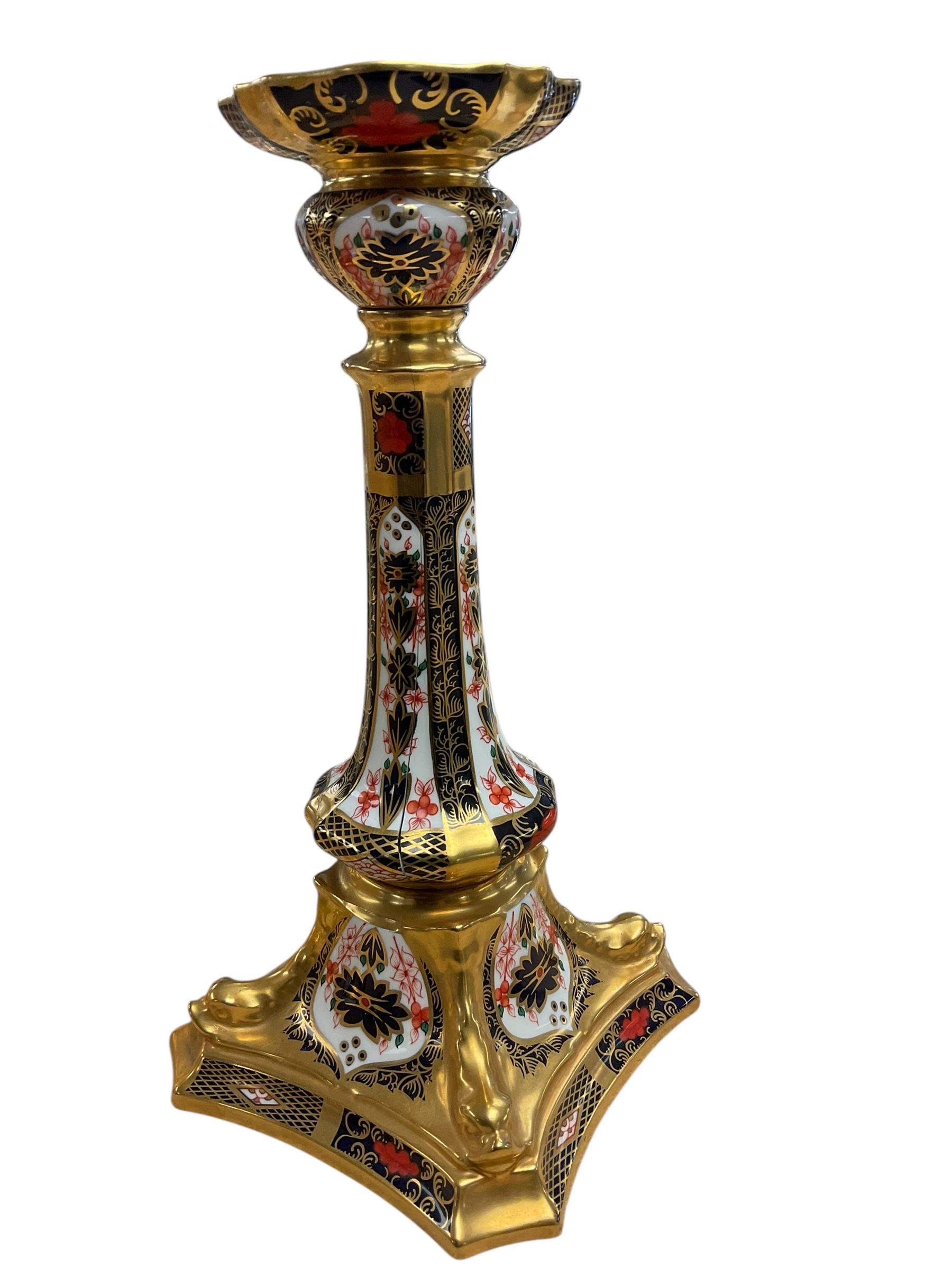 Pair of Royal Crown Derby Imari Pattern Candlesticks, numbered 1128, H27cm