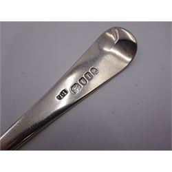 Six George III silver Old English pattern table spoons, including Newcastle silver example, with engraved initial to terminal, hallmarked Dorothy Langlands, Newcastle 1813, the five other examples all hallmarked London, dated between 1804 and 1818,  by various makers including Peter & William Bateman