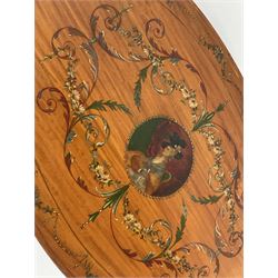 Edwardian Sheraton revival satinwood and painted centre table, oval top with hand painted portrait of woman wearing a hat, surrounded by scrolling leafage and floral garlands, square tapering supports terminating at spade feet with brass cups and castors joined by undertier