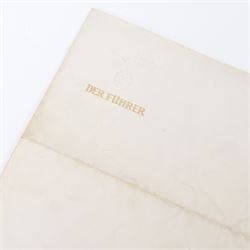 Adolf Hitler personal stationary, comprising three blank pieces of paper of varying sizes, one embossed to the top left Der Fuhrer, another Adolf Hitler, with his address Berlin W8 Kanzlei Des Fuhrers, Der NSDAP AMT 1, the third Kanzlei Des Fuhrers, Der NSDAP.
By vendor repute taken from Hitler’s desk in Berlin at the end of the war, by Harold Webster, one of the first soldiers who got into the war rooms 