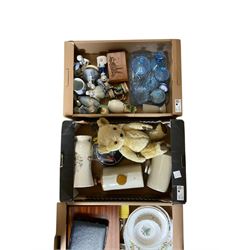 1930s clear and frosted blue glass dressing table set, together with ceramics and other collectables, in four boxes  