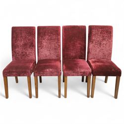Willis & Gambier - mahogany extending dining table, rectangular top with rounded corners on cabriole legs, with two 35cm extension leaves, four Willis & Gambier upholstered high back chairs and four mahogany chairs, upholstered in a stripped multi-coloured velvet fabric, with scroll-shaped top rail, lyre-shaped back splat on cabriole legs, chairs W46xD91x97cm (11) 
