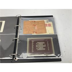 Modern loose leaf album of WW2 German postcards, photographs and other paper ephemera including Adolf Hitler, Luftwaffe, comic, soldier and group portraits, memorial cards, propaganda images, interesting postmarks etc