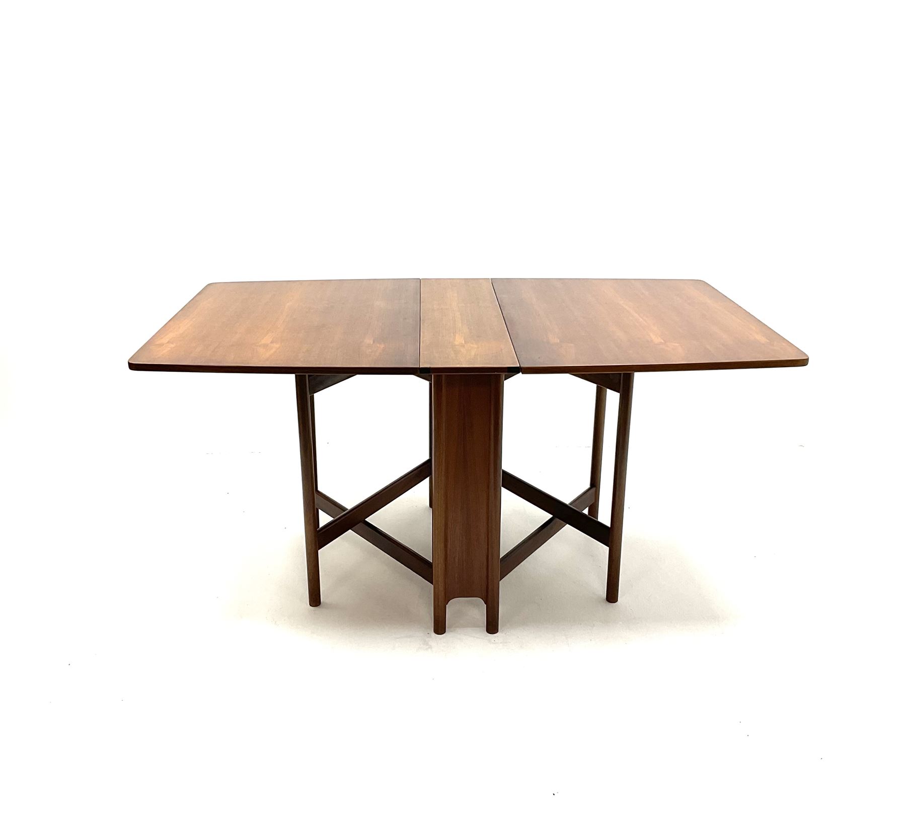Mid 20th century narrow teak drop leaf table, slide out ‘X’ framed turned supports 