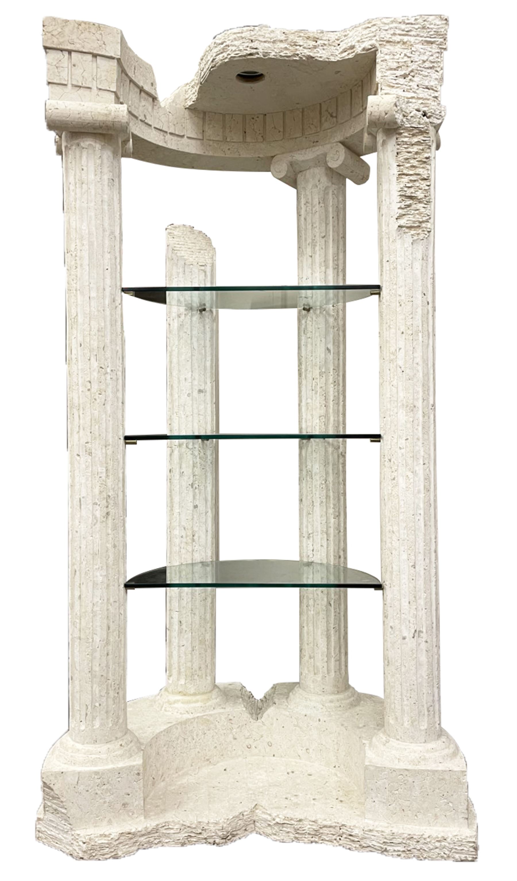 Cast architectural stone effect column display stand, fitted with three glass shelves 