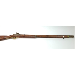 Indian style Enfield type smooth bore muzzle loading percussion cap musket, approximately 24-bore, full walnut stock with two bands and ramrod under L122cm overall