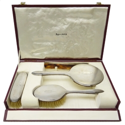  Silver dressing table set, engine turned decoration by Walker & Hall, Birmingham 1965, retailed by Mappin & Webb, boxed  