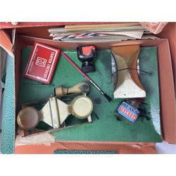 Three doll's ceramic tea sets, two in original boxes; two doll's white metal pan sets, one in box marked Made in USSR; toy cocktail decanter set in box with tray; and a French boxed toy Post office set