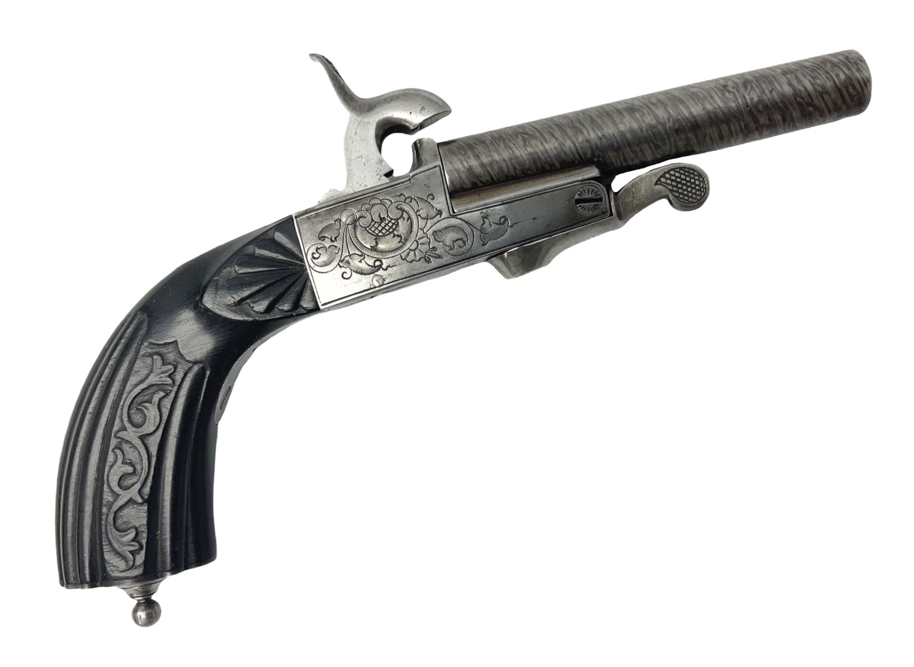 Mid-19th century French Boissy 12mm single barrel pin-fire pistol, the 9.5cm rifled barrel with brown stub twist damascus decoration, side screw under lever opening and English proof marks, retailed by H. Akrill Beverley, chased action with drop-down trigger and carved walnut stock L21cm