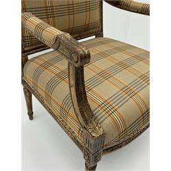 French style giltwood open armchair, stepped arch cresting rail carved with foliage, moulded frame and acanthus carved arm supports, upholstered in gold checkered fabric, on turned and fluted supports