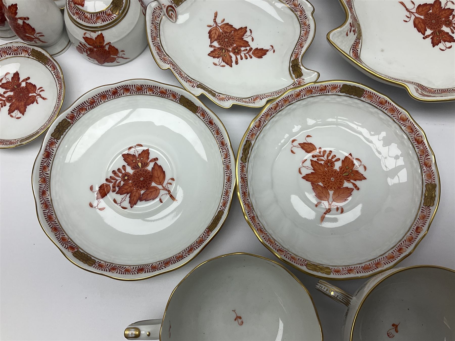 Herend Chinese Bouquet Rose pattern tea service comprising teapot, coffee pot, open sucrier, six cups and saucers, six tea plates, cream jug and stand, milk jug, two teabag holders, preserve pot, two leaf shaped dishes, four egg cups, salt & pepper pots, pair side plates and another plate