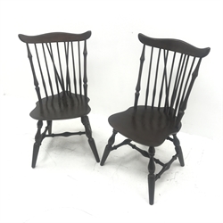 Pair vintage Stol hard wood stick back chairs, shaped cresting rail, turned supports joined by stretcher, W53cm