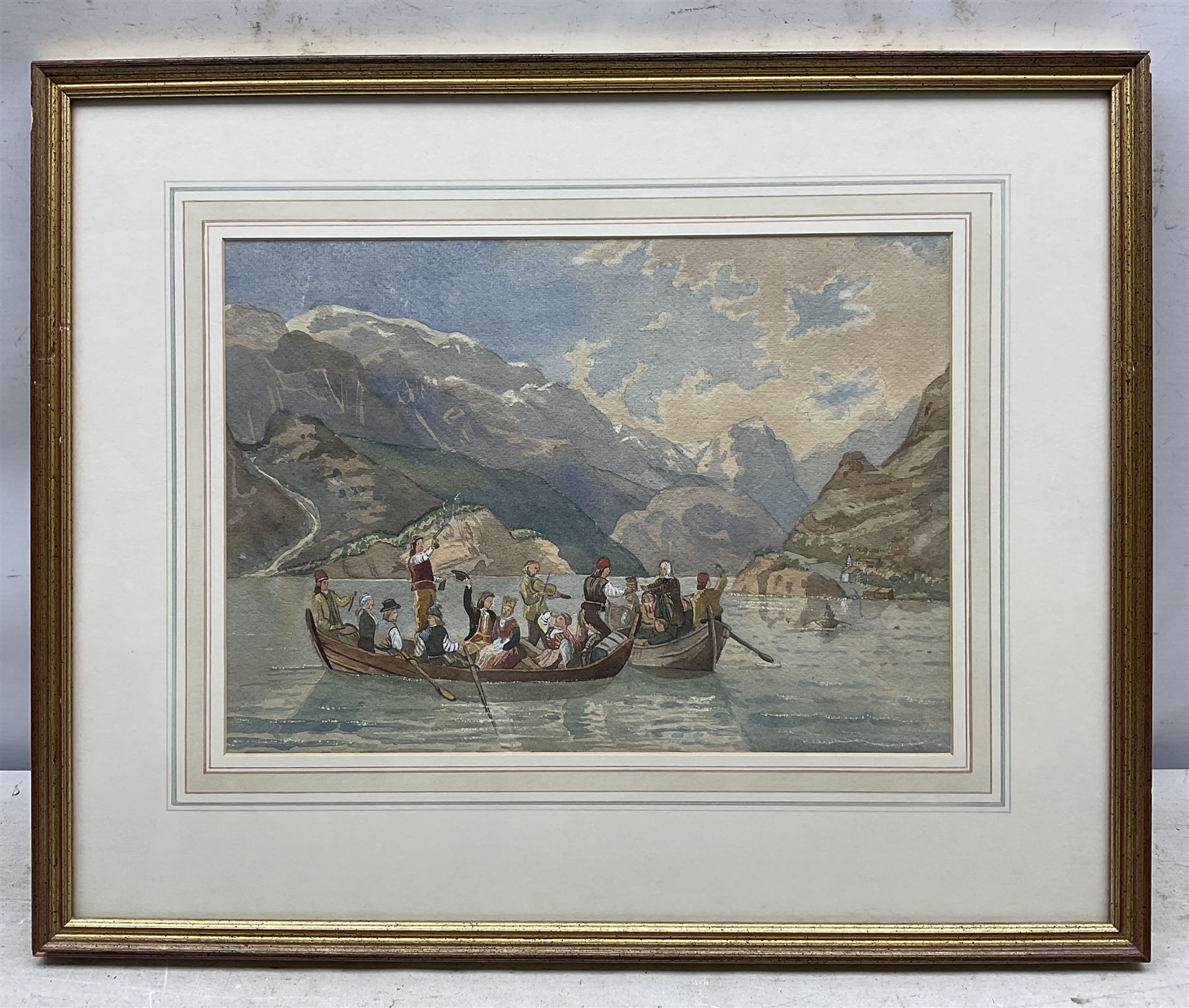 Mabel Albinia Sutton (British 1854-1937): Wedding Party in a Norwegian Fjord, possibly Hardanger, watercolour unsigned, inscribed by the artists father verso 'From my dear daughter Mabel Albinia Sutton on my Birthday. Scawby, March 6, 1870.', 24cm x 34cm 