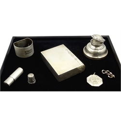  Silver playing cards box by Henry Matthews Birmingham 1977, silver inkstand Birmingham 1915, napkin ring, St Christopher, etc hallmarked and a tubular lighter, approx 6oz weighable silver  