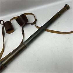 Broadhurst Clarkson brass and leather 4-draw telescope, the first draw with graduations, sliding lens shroud and leather covers for both ends on shoulder strap; marked 'Broadhurst Clarkson & Co. Ltd. 63 Farringdon Road London E.C.', L87cm fully extended; together with a WWI brass marching compass marked F-L No.123113 1918 (broad arrow); crudely etched L.H. McD. Latham; in associated Brooks & Co. leather case dated 1913 stamped W.B. Constable (2)