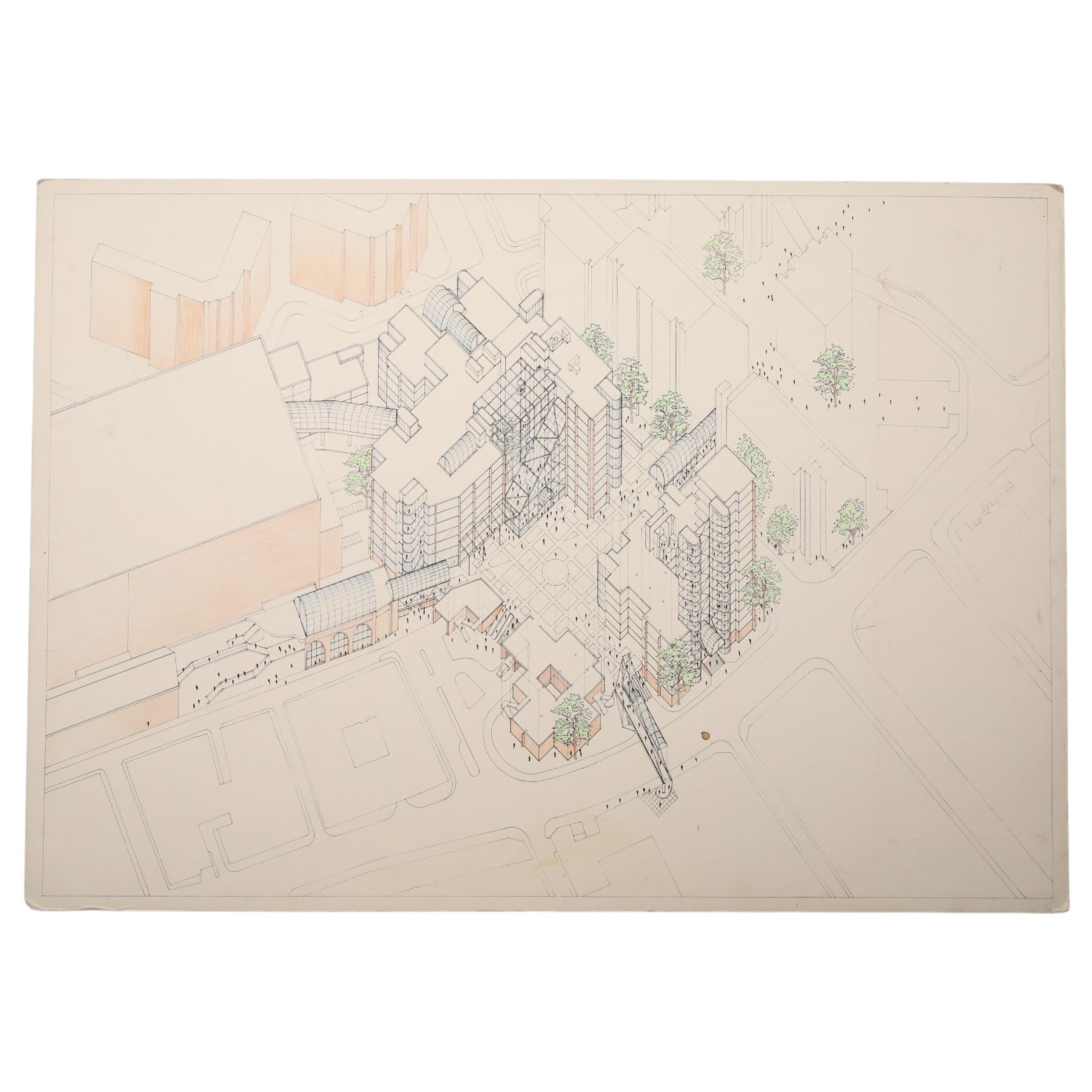 Graham Howard (British 20th Century): Axonometric projection of St Katharine Docks - London, pen and coloured pencil unsigned 59.5cm x 84cm
Notes: This redevelopment took place in the 1980s. The building is a landmark of East London.
