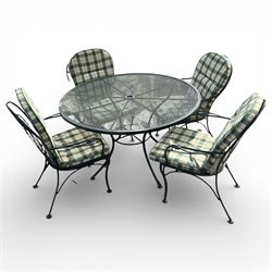 Green painted wrought metal garden table and chairs, with green striped cushions 