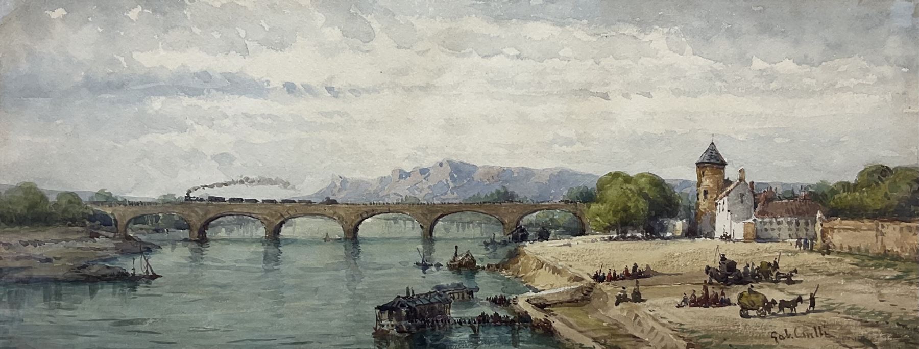 Gabriele Carelli (Italian c.1820-1900): Unloading on the River Quay with a Steam Train crossing the Viaduct in the Distance, watercolour signed 13cm x 35cm