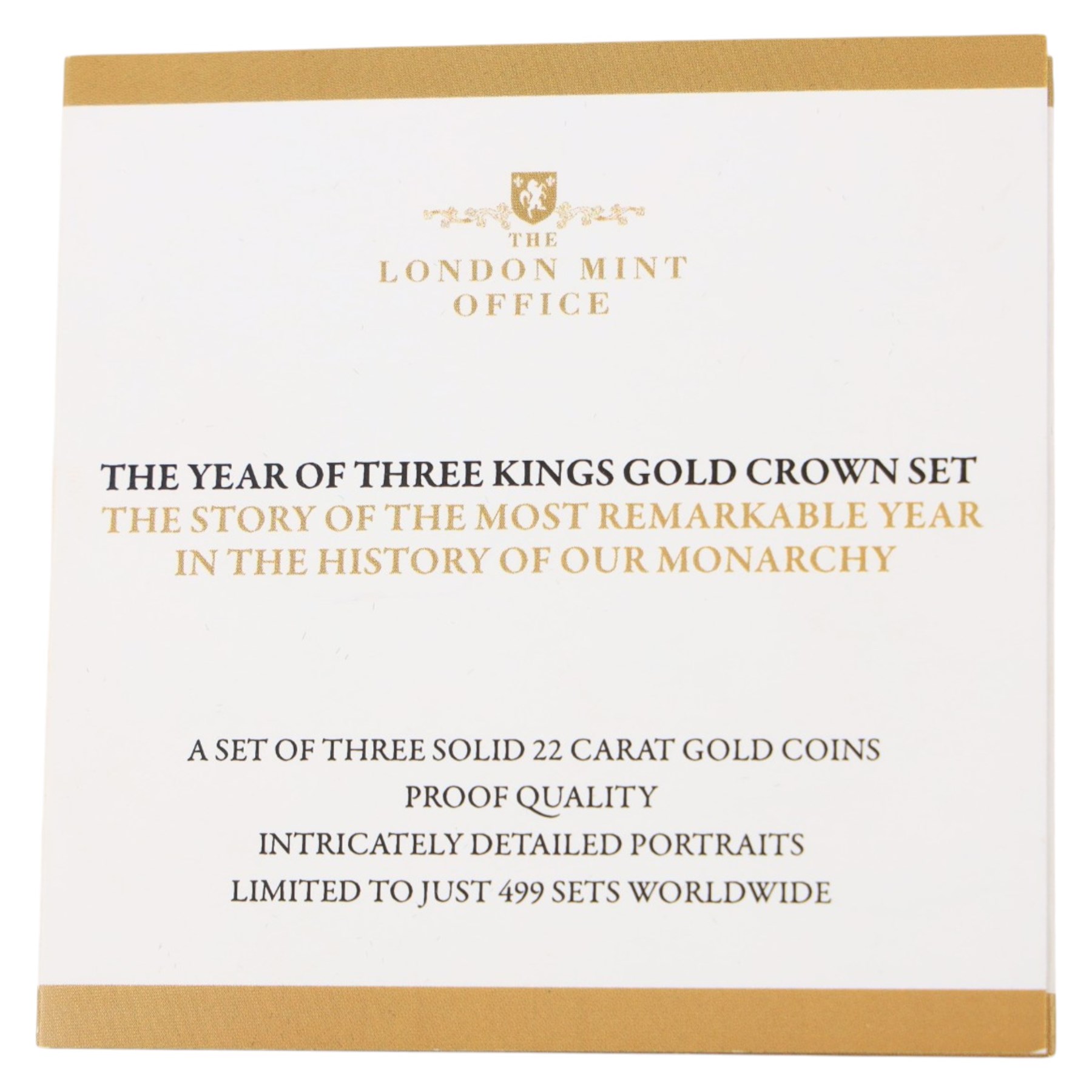 Queen Elizabeth II Tristan da Cunha 2010 'Year of Three Kings' gold proof three coin set, comprising three one crown coins, issued by The London Mint Office, cased with certificate