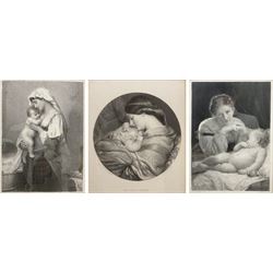 Gustave Bertinot (French 1822-1888) after Charles François Jalabert (French 1819-1901): 'The Awakening', 20th century engraving; Gustave Bertinot after William-Adolphe Bouguereau (French 1825-1905): 'Watch and Ward', 20th century engraving; John Henry Robinson (British 1796-1871) after Charles West Cope (British 1811-1890): 'The Young Mother', 20th century engraving, the three framed as a set, max 27cm x 24cm (3)