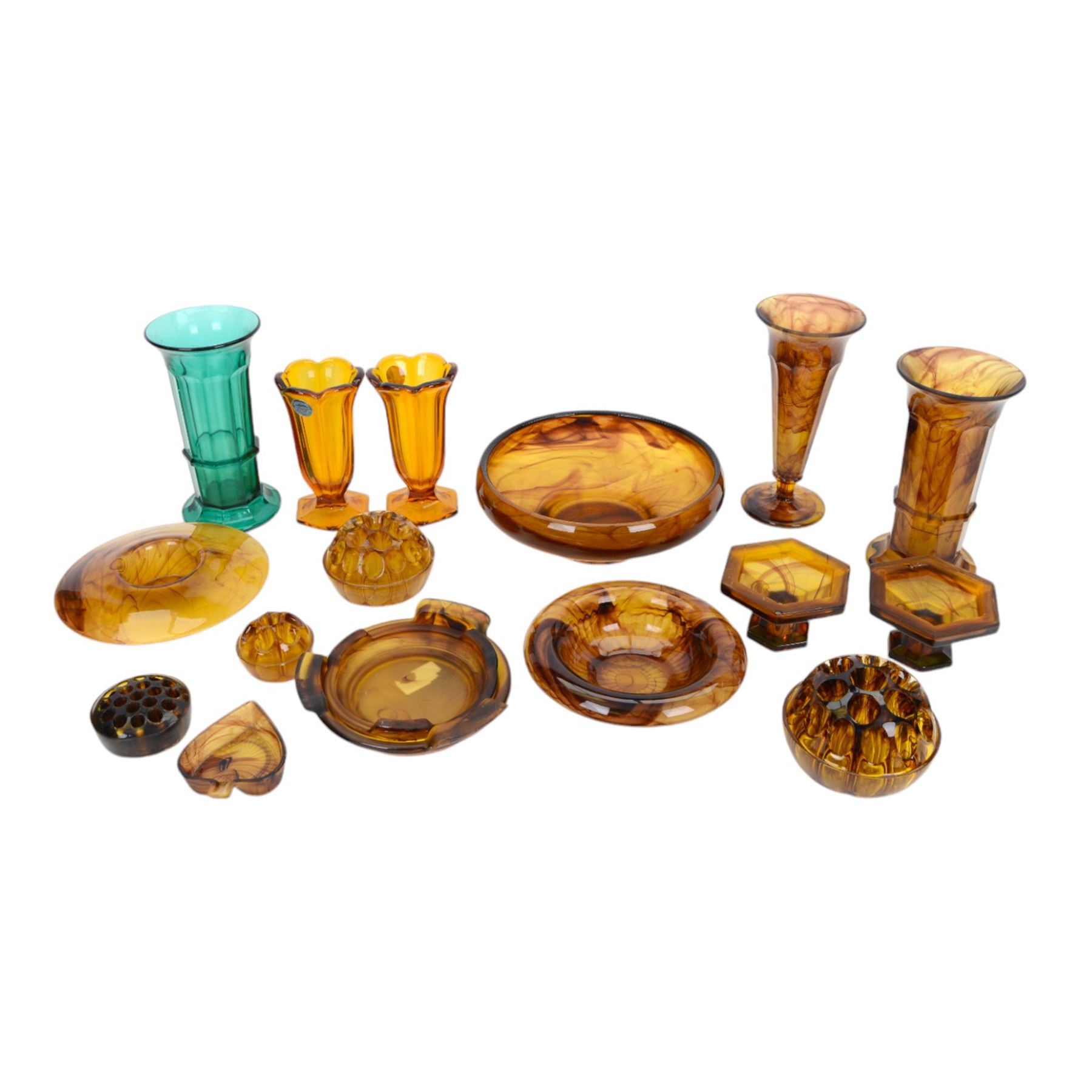 Collection of Davidson Amber Cloud glass, including vases, pedestal dish, flower frogs, together with other art deco glass 