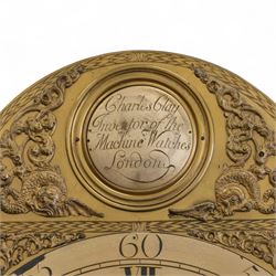 Charles Clay of The Strand & St James, London-Early 18th century 8-day walnut longcase clock c1720, with a flat caddy top (caddy missing) and blind frets beneath, later glazed panels to the sides and a break arch hood door with attached reeded pilasters, long trunk and conforming trunk door with beading to the edge, on a short plinth with attached skirting, break-arch brass dial with cast spandrels, herringbone engraving to the edge and a  silvered boss to the arch inscribed 