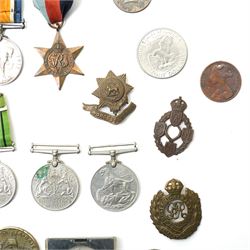 World War I trio to 118150 Gnr H E Ashfield R.A. comprising War medal, Victory medal and George VI Special Constabulary medal,  WWII Burma Star, 1939-1945 Star and Defence medal, military badges, assorted coins etc