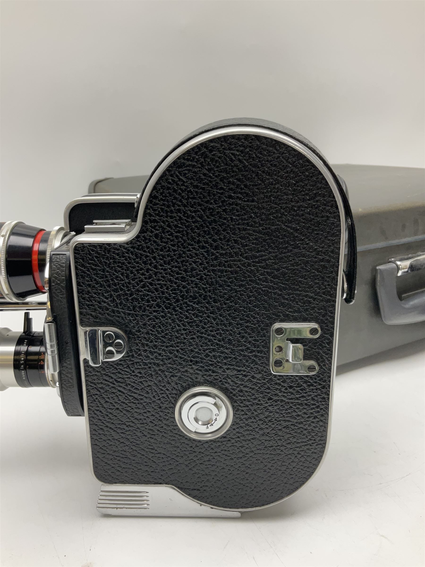Bolex H16 Reflex camera body, serial no. 136928, with 'Macro-Switar 1:1.9 f=75mm' lens, serial no. 1131474, Switar H16 RX 1:1.6 f=10mm' lens, serial no. 1106324, with hard carry case