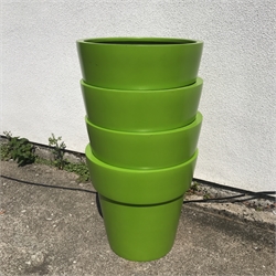 Set four large green tapering poly stackable plant pots, D50cm, H49cm